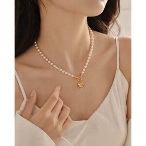 Gold Heart Charm Pearl Necklace Toggle Clasp Stainless Steel Chic